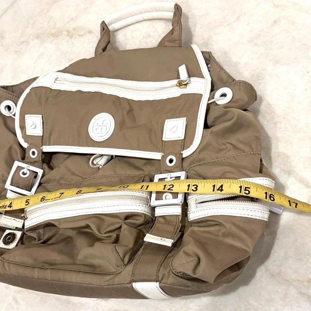 Tory Burch Designer Brown Backpack with White Trim & Signature Logo Detailing